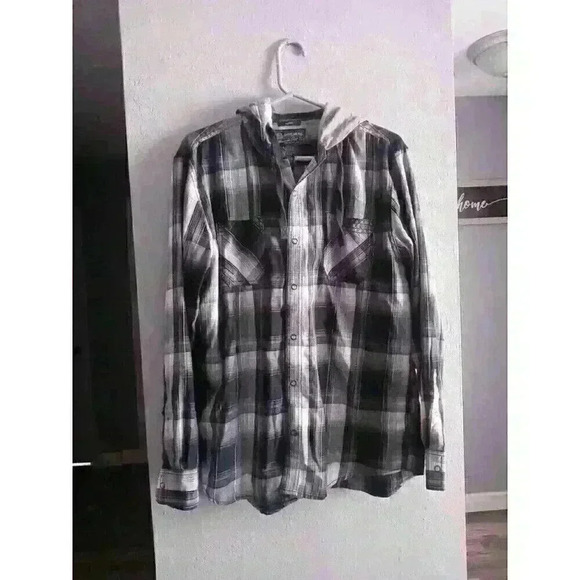 American Rag Hooded Mens Plaid Snap Button Long Sleeve Shacket Grunge Size Large - Picture 1 of 6